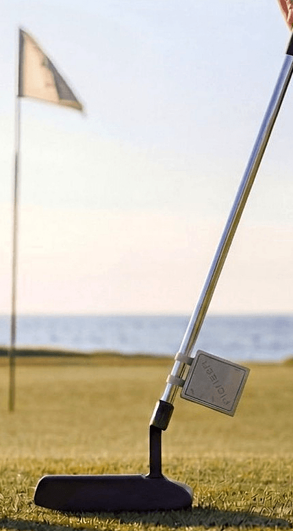 Pioneer 1 on putter with swing path and stroke data overlay—precision AI motion detection for your stroke mechanics, tempo, and alignment
